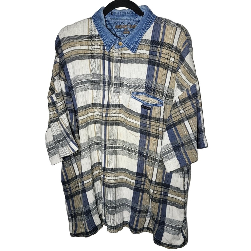 Vintage 90s Fryday Club Plaid Denim Collar Shirt Small Dadcore Gorp Grunge Indie